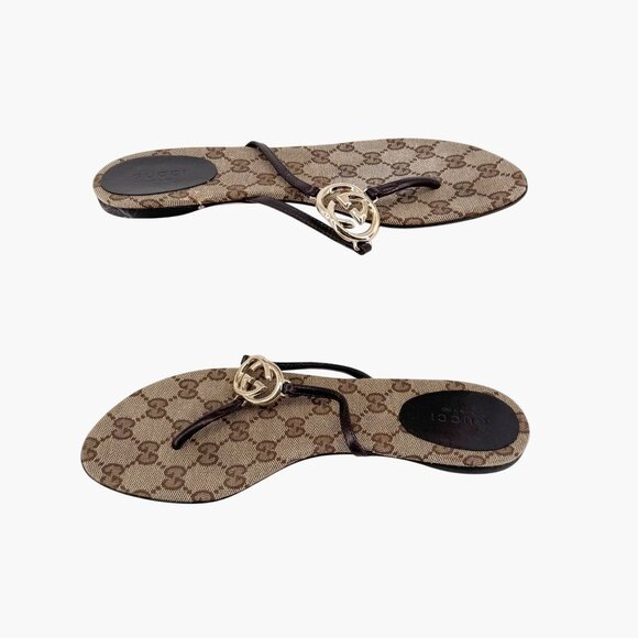 Gucci Interlocking GG Flat Thong Sandals Size 7 Brown Monogram Flip Flop Slide - Picture 9 of 12
